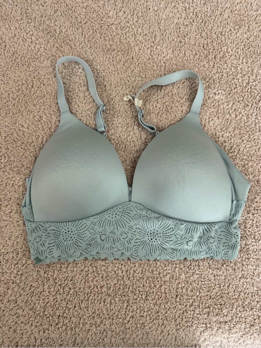 Aerie Real Sunnie Wireless Bra 34D Mint Sage Green Lace Band Soft Comfort